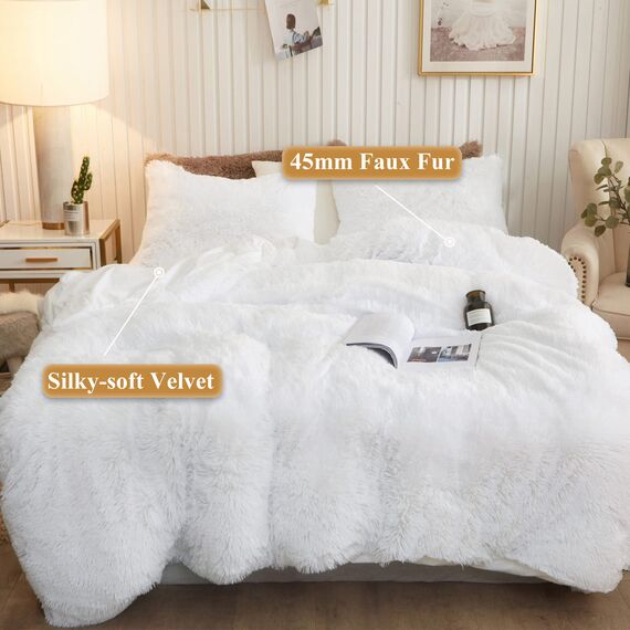 XeGe Plüsch-Bettbezug, zottelig, luxuriös, ultraweich, Kristall-Samt-Bettwäsche, 1 Stück (1 x Kunstfell-Bettbezug), Reißverschluss (King-Size-Bett, Weiß)