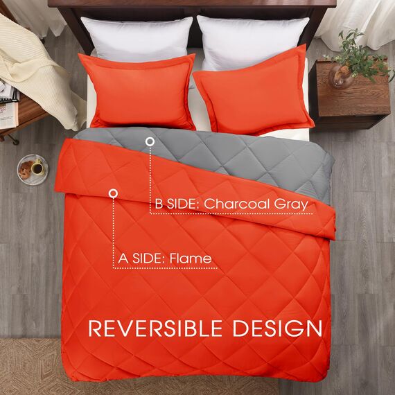 Basic Beyond Bettwäsche-Set für Doppelbett, wendbar, für alle Jahreszeiten, 1 Bettdecke (167,6 x 233,7 cm) und 1 Kissenbezug (50,8 x 66 cm + 5 cm), Orange/Anthrazit