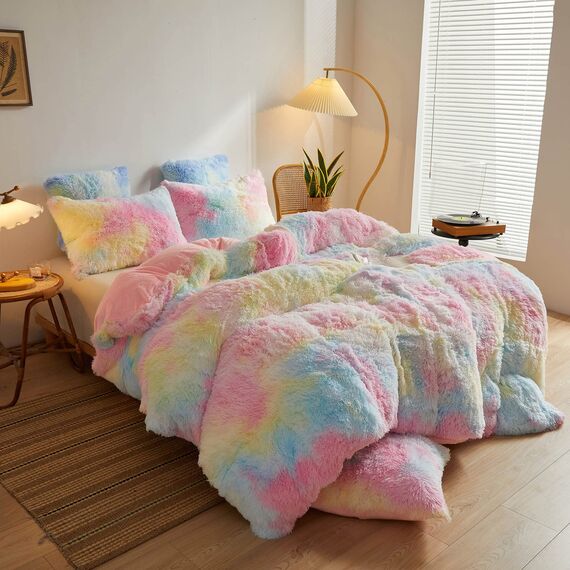 XeGe Regenbogen-Plüsch-Kunstfell-Bettbezug, Doppelgröße, Batikdruck, zottelig, flauschig, flauschig, samt, mit Reißverschluss, für Schlafzimmer, Teenager, Mädchen, Kinder (Doppelbett, Regenbogen)