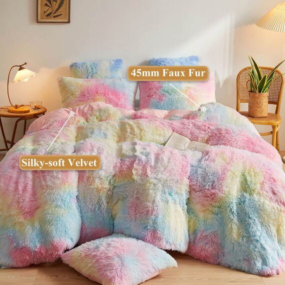 XeGe Regenbogen-Plüsch-Kunstfell-Bettbezug, Doppelgröße, Batikdruck, zottelig, flauschig, flauschig, samt, mit Reißverschluss, für Schlafzimmer, Teenager, Mädchen, Kinder (Doppelbett, Regenbogen)