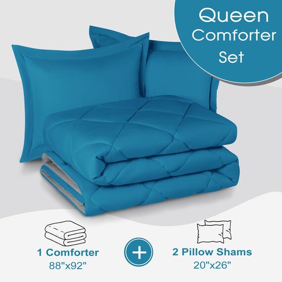 Basic Beyond Queen-Bettwäsche-Set – Blaues Bettdecken-Set für Queen-Size-Betten, wendbares Bettdecken-Set für alle Jahreszeiten, Algierblau/Anthrazit, 1 Bettdecke (223,5 x 233,7 cm) und 2 Kissenbezüge