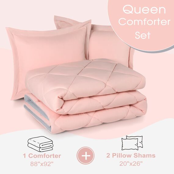 Basic Beyond Bettwäsche-Set für Queen-Size-Bett, wendbar, für alle Jahreszeiten, 1 Bettdecke (223,5 x 233,7 cm) und 2 Kissenbezüge (50,8 x 66 cm + 5 cm), Babyrosa/Grau