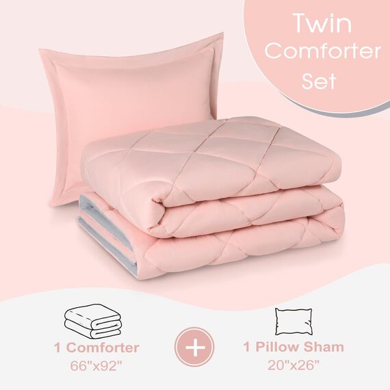 Basic Beyond Bettwäsche-Set für Doppelbett, wendbar, für alle Jahreszeiten, 1 Bettdecke (167,6 x 233,7 cm) und 1 Kissenbezug (50,8 x 66 cm + 5 cm), Babyrosa/Grau