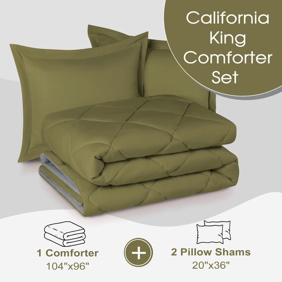 Basic Beyond Bettwäsche-Set für California King-Size, für alle Jahreszeiten, 1 Bettdecke (264,2 x 243,8 cm) und 2 Kissenbezüge (50,8 x 91,4 cm + 5 cm), Olivgrün/Anthrazit