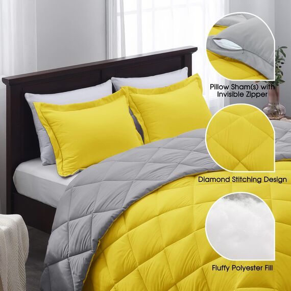 Basic Beyond Bettwäsche-Set für Doppelbett, wendbar, für das ganze Jahr, 1 Bettdecke und 1 Kissenbezug, Gelb/Grau