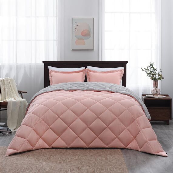 Basic Beyond Bettwäsche-Set für Doppelbett, wendbar, für alle Jahreszeiten, 1 Bettdecke (167,6 x 233,7 cm) und 1 Kissenbezug (50,8 x 66 cm + 5 cm), Babyrosa/Grau