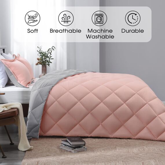 Basic Beyond Bettwäsche-Set für Doppelbett, wendbar, für alle Jahreszeiten, 1 Bettdecke (167,6 x 233,7 cm) und 1 Kissenbezug (50,8 x 66 cm + 5 cm), Babyrosa/Grau