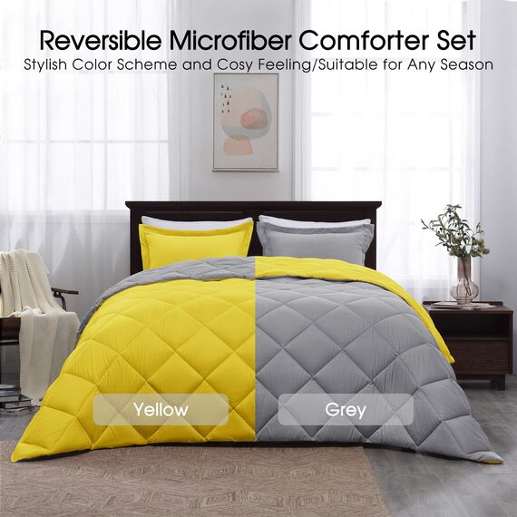 Basic Beyond Bettwäsche-Set für Doppelbett, wendbar, für das ganze Jahr, 1 Bettdecke und 1 Kissenbezug, Gelb/Grau