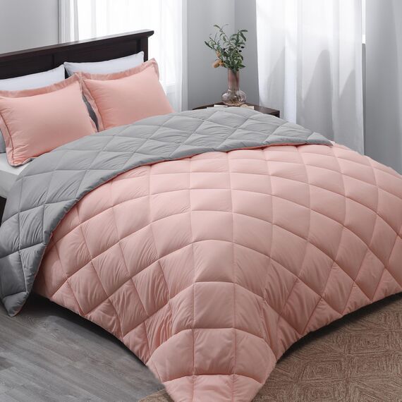 Basic Beyond Bettwäsche-Set für Queen-Size-Bett, wendbar, für alle Jahreszeiten, 1 Bettdecke (223,5 x 233,7 cm) und 2 Kissenbezüge (50,8 x 66 cm + 5 cm), Babyrosa/Grau