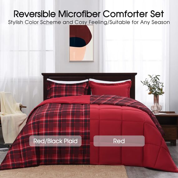 Basic Beyond Bettwäsche-Set für King-Size-Betten, Daunen-Alternative für alle Jahreszeiten, 1 Bettdecke (264,2 x 233,7 cm) mit 2 Kissenbezügen, Kariert (Rot/Schwarz)