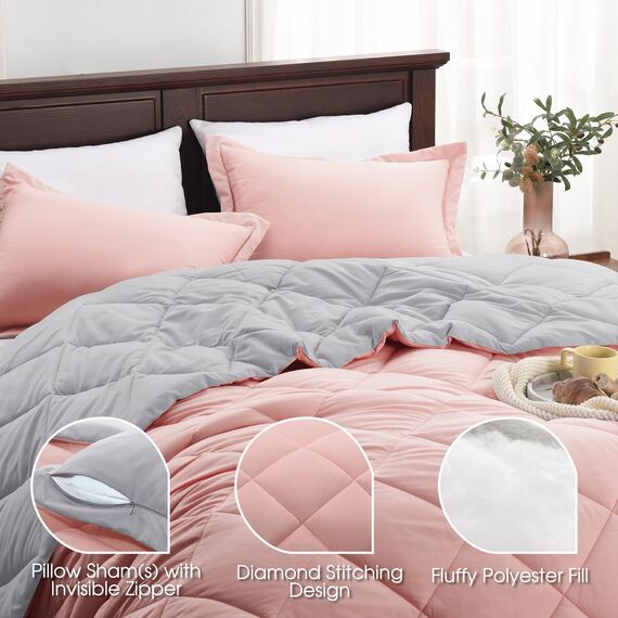 Basic Beyond Bettwäsche-Set für Queen-Size-Bett, wendbar, für alle Jahreszeiten, 1 Bettdecke (223,5 x 233,7 cm) und 2 Kissenbezüge (50,8 x 66 cm + 5 cm), Babyrosa/Grau