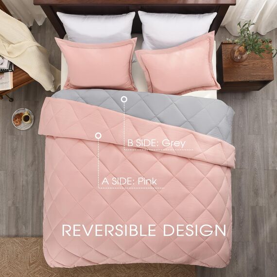 Basic Beyond Bettwäsche-Set für Doppelbett, wendbar, für alle Jahreszeiten, 1 Bettdecke (167,6 x 233,7 cm) und 1 Kissenbezug (50,8 x 66 cm + 5 cm), Babyrosa/Grau