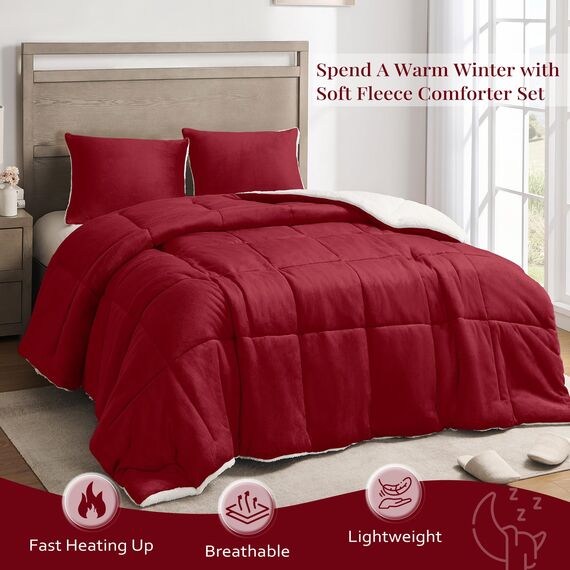 Basic Beyond Bettwäsche-Set für King-Size-Betten – Dickes Sherpa-Bettwäsche-Set für den Winter, weiche und Flauschige Bettwäsche, Rot, 264,2 x 223,5 cm