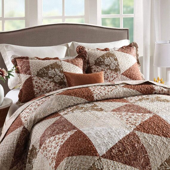 HoneiLife Bettwäsche-Set für Queen-Size-Bett, 3-teilig, Mikrofaser, wendbar, Tagesdecke, Patchwork-Überzug, Blumenmuster, alle Jahreszeiten, Steppdecken mit Dreiecks- und Queen-Size-Größe
