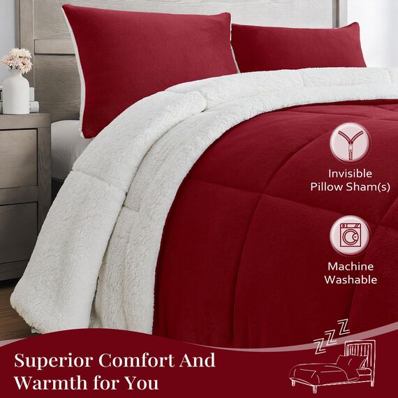 Basic Beyond Queen-Bettwäsche-Set – Luxus-Fleece-Sherpa-Bettwäsche-Sets für Queensize-Bett, weich und warm, Queen-Size-Bettwäsche-Set für den Winter, Rot, 223,5 x 223,5 cm