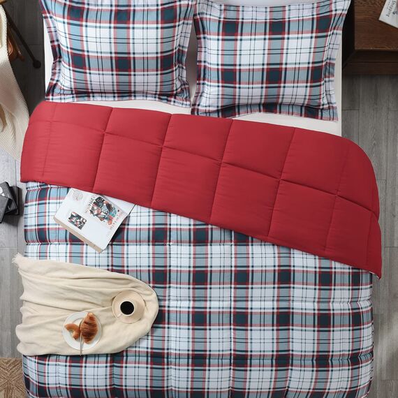 Basic Beyond Queen-Bettwäsche-Set – schwarz-rot gestreiftes Bettdecken-Set für Queen-Size-Bett, leichte Daunen-Alternative, Queen-Size-Bett (rot/schwarz, Queen-Size)