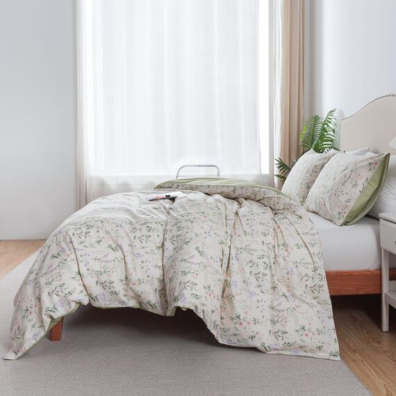 HoneiLife Bettwäsche-Set mit Blumenmuster für Queen-Size-Betten, 100 % Baumwolle, botanisches Bettwäsche-Set für Queen-Size-Betten, 3-teiliges Wildblumen-Bettwäsche-Set
