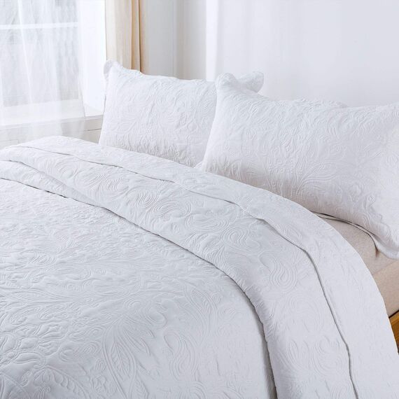 HoneiLife Bettwäsche-Set, Queen-Size-Größe, 3-teilig, bestickte Mikrofaser-Tagesdecke, wendbar, leicht, Paisleymuster, Bettwäsche-Set, für alle Jahreszeiten, Steppdecken - weiß