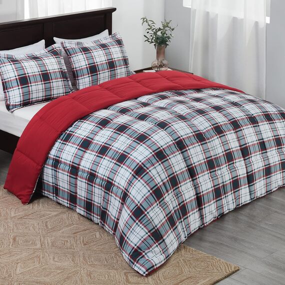 Basic Beyond Queen-Bettwäsche-Set – schwarz-rot gestreiftes Bettdecken-Set für Queen-Size-Bett, leichte Daunen-Alternative, Queen-Size-Bett (rot/schwarz, Queen-Size)