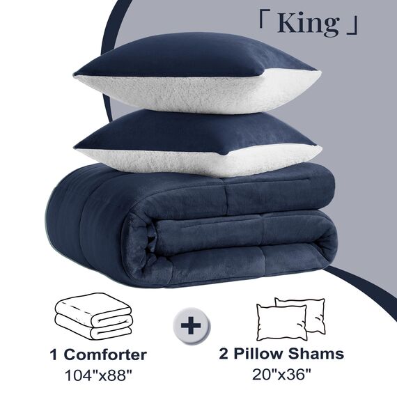 Basic Beyond Bettwäsche-Set für King-Size-Betten – dickes Sherpa-Bettwäsche-Set, King-Size-Bett, weich und flauschig, King-Size-Bett für den Winter, Marineblau, 264,2 x 223,5 cm