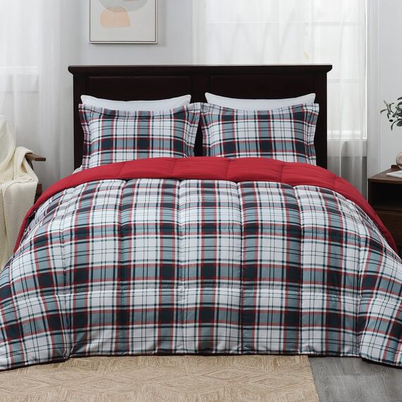 Basic Beyond Queen-Bettwäsche-Set – schwarz-rot gestreiftes Bettdecken-Set für Queen-Size-Bett, leichte Daunen-Alternative, Queen-Size-Bett (rot/schwarz, Queen-Size)