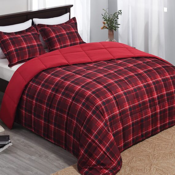 Basic Beyond Bettwäsche-Set für Queen-Size-Betten, Daunen-Alternative für alle Jahreszeiten, 1 Bettdecke (223,5 x 233,7 cm) mit 2 Kissenbezügen, Kariert (Rot/Schwarz)