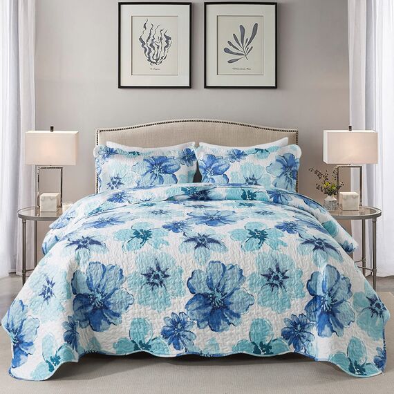 HoneiLife Bettwäsche-Set, Queen-Size-Größe, 3-teilig, Mikrofaser-Steppdecken, wendbar, Tagesdecken, bedruckt, Blumenmuster, für alle Jahreszeiten, Tagesdecke, Spritztinte, Blau und Cyan