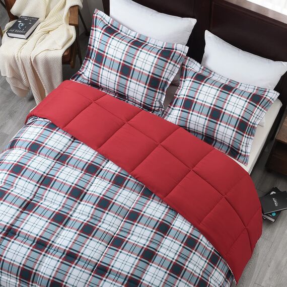 Basic Beyond Queen-Bettwäsche-Set – schwarz-rot gestreiftes Bettdecken-Set für Queen-Size-Bett, leichte Daunen-Alternative, Queen-Size-Bett (rot/schwarz, Queen-Size)