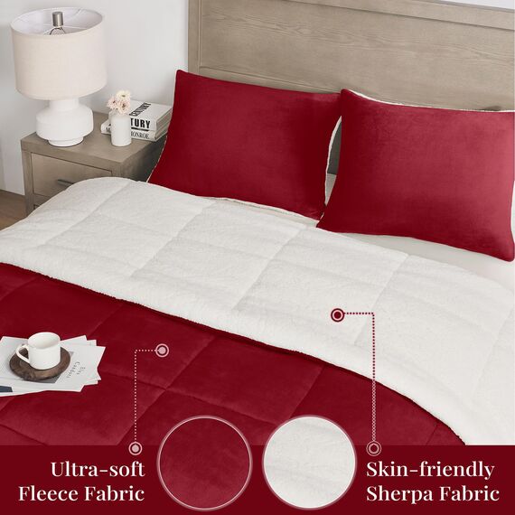 Basic Beyond Twin-Bettwäsche-Set – Micromink Fleece, Sherpa-Bettdecke für Doppelbett, weich und warm, Doppelbett-Bettwäsche-Set für Mädchen und Jungen im Winter, rot, 162,6 x 223,5 cm