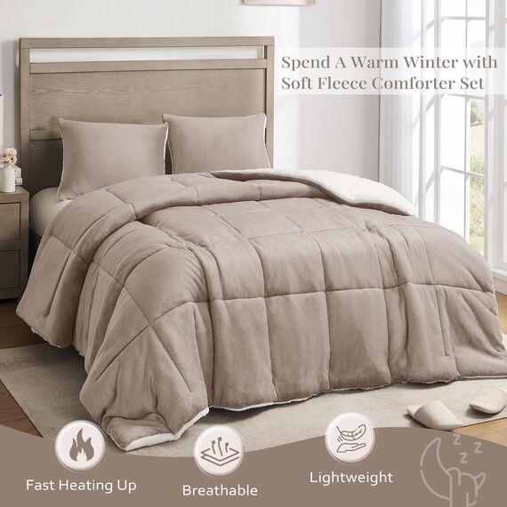 Basic Beyond Micromink Bettwäsche-Set für Doppelbett, weiches und warmes Doppel-Bettwäsche-Set für Mädchen und Jungen im Winter, Sand, 162,6 x 223,5 cm