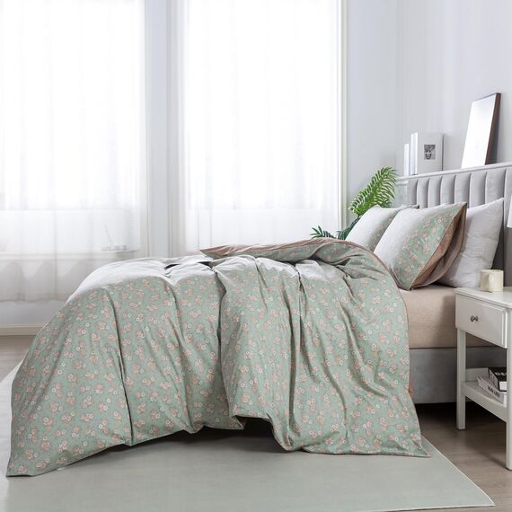 HoneiLife Wildblumen-Bettwäsche-Set für Queen-Size-Betten, 100 % Baumwolle, Blumen-Bettwäsche-Set, botanisches Bettwäsche-Set mit Reißverschluss und Eckbändern, Vitalität