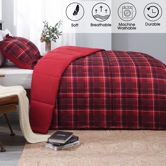 Basic Beyond Bettwäsche-Set für Queen-Size-Betten, Daunen-Alternative für alle Jahreszeiten, 1 Bettdecke (223,5 x 233,7 cm) mit 2 Kissenbezügen, Kariert (Rot/Schwarz)