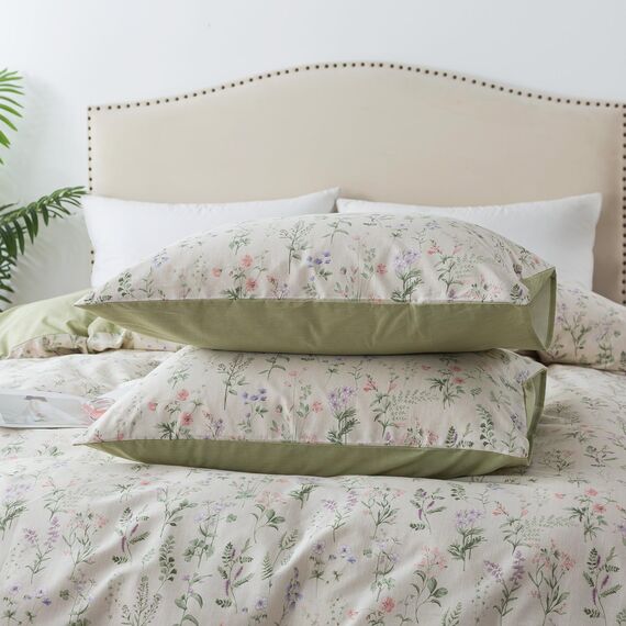 HoneiLife Bettwäsche-Set mit Blumenmuster für Queen-Size-Betten, 100 % Baumwolle, botanisches Bettwäsche-Set für Queen-Size-Betten, 3-teiliges Wildblumen-Bettwäsche-Set
