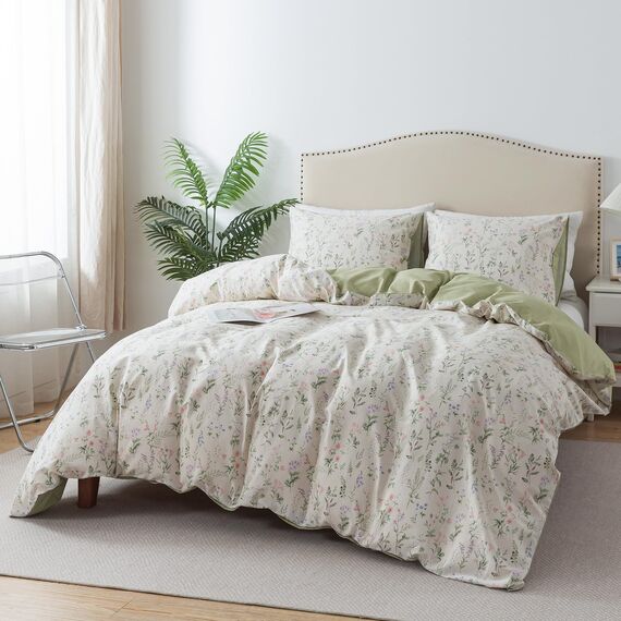 HoneiLife Bettwäsche-Set mit Blumenmuster für Queen-Size-Betten, 100 % Baumwolle, botanisches Bettwäsche-Set für Queen-Size-Betten, 3-teiliges Wildblumen-Bettwäsche-Set