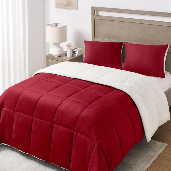 Basic Beyond Bettwäsche-Set für King-Size-Betten – Dickes Sherpa-Bettwäsche-Set für den Winter, weiche und Flauschige Bettwäsche, Rot, 264,2 x 223,5 cm