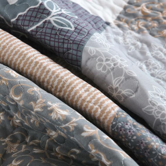 HoneiLife Steppdecken-Set in King-Size, 3-teilig, Mikrofaser, wendbar, Patchwork-Bezüge, Blumen-Bettwäsche-Set, Ganzjahresdecke, grau, mit Rosen