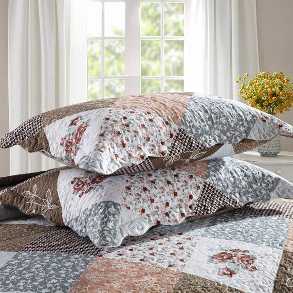 HoneiLife Bettwäsche-Set, Queen-Size-Größe, 3-teilig, Mikrofaser-Steppdecken, wendbar, Patchwork-Decken, Blumenmuster, Bettwäsche-Set, Steppdecken mit Mokka-Rose, Queen-Size-Bett