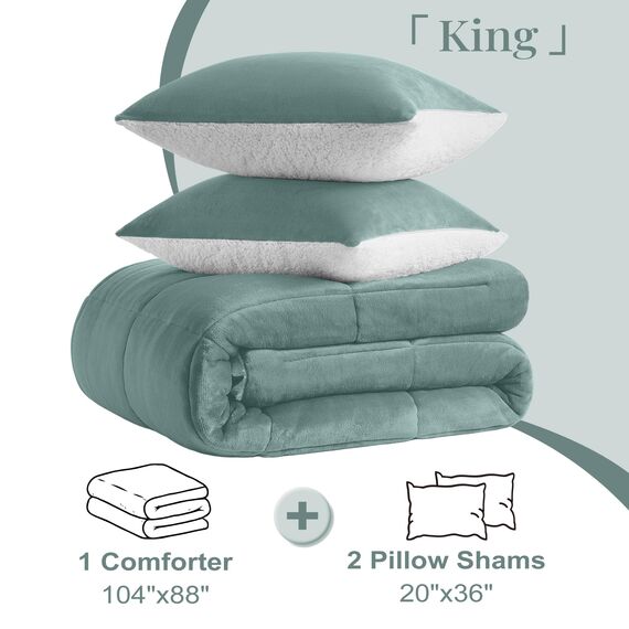 Basic Beyond Bettwäsche-Set für King-Size-Betten – dickes Sherpa-Fleece-Sherpa für den Winter, weiche und flauschige Bettwäsche, Grün, 264,2 x 223,5 cm