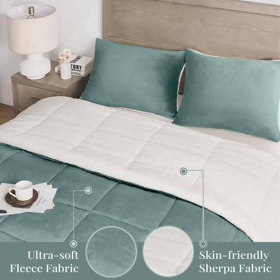 Basic Beyond Twin-Bettwäsche-Set – Micromink Fleece, Sherpa-Bettdecke für Doppelbett, weich und warm, Doppelbett-Bettwäsche-Set für Mädchen und Jungen im Winter, Grün, 162,6 x 223,5 cm