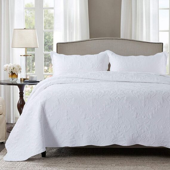 HoneiLife Bettwäsche-Set, Queen-Size-Größe, 3-teilig, bestickte Mikrofaser-Tagesdecke, wendbar, leicht, Paisleymuster, Bettwäsche-Set, für alle Jahreszeiten, Steppdecken - weiß