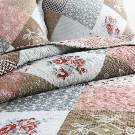 HoneiLife Bettwäsche-Set für Queen-Size-Betten, 3-teilig, Mikrofaser, wendbar, Tagesdecke, Patchwork-Decken, Blumen-Bettwäsche-Set für alle Jahreszeiten, Steppdecken, Rose, Queen-Size/volle Größe