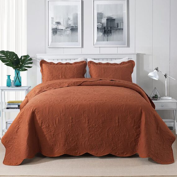 HoneiLife Queen-Size-Bettwäsche-Set – 3-teiliges Mikrofaser-Bettwäsche-Set, leichte Tagesdecken, wendbare Decken, Retro-Bettbezug, Paisleymuster, alle Jahreszeiten, Steppdecken – Rostfarben