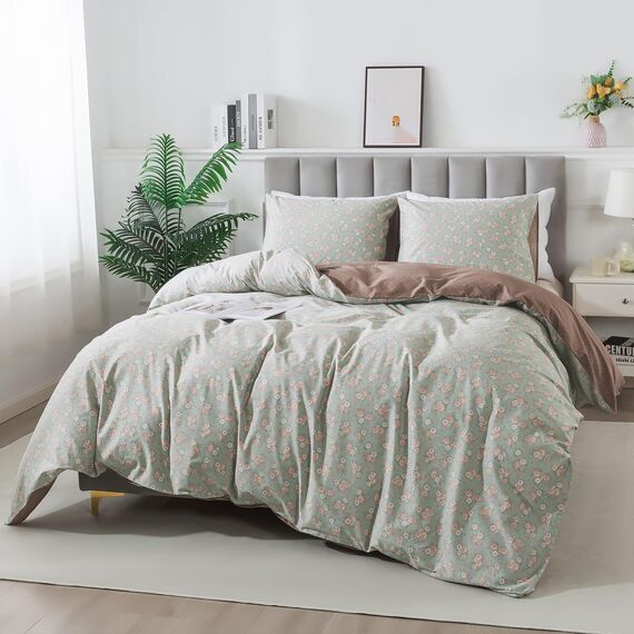 HoneiLife Wildblumen-Bettwäsche-Set für Queen-Size-Betten, 100 % Baumwolle, Blumen-Bettwäsche-Set, botanisches Bettwäsche-Set mit Reißverschluss und Eckbändern, Vitalität