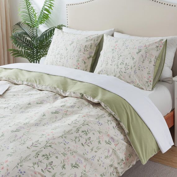 HoneiLife Bettwäsche-Set mit Blumenmuster für Queen-Size-Betten, 100 % Baumwolle, botanisches Bettwäsche-Set für Queen-Size-Betten, 3-teiliges Wildblumen-Bettwäsche-Set