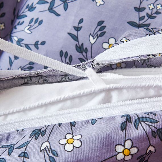 HoneiLife Bettbezug für King-Size-Betten – 100 % Baumwolle, Bettbezug-Sets, hellviolett, Bettbezug mit Reißverschluss und Eckbändern, 3-teiliges Wildblumen-Bettbezug-Sets, Lavendelgrau