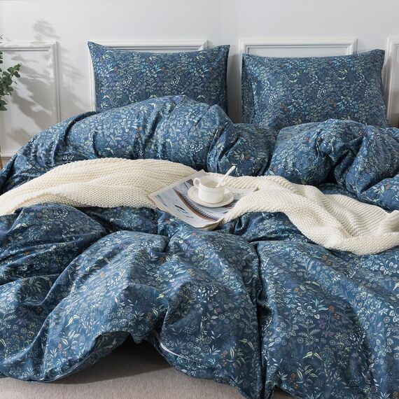 HoneiLife Queen-Size-Bettbezug, 100 % Baumwolle, Bettbezug-Set, atmungsaktives Bettwäsche-Set mit Reißverschluss und Eckbändern, 3-teiliges Wildblumen-Bettwäsche-Set