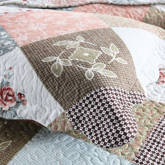 HoneiLife Steppdecken-Set in King-Size, 3-teilig, Mikrofaser, wendbar, Patchwork-Bezüge, Blumen-Bettwäsche-Set, Ganzjahresdecke, braun-/orangefarben (Mocha Rose), King-Size