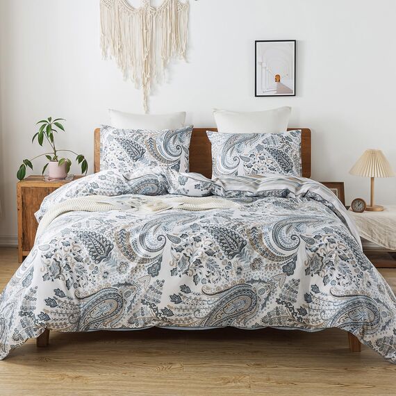 HoneiLife Baumwoll-Bettbezug, Queensize-Bett, 3-teilig, Paisleymuster, weich und atmungsaktiv, Bettbezug-Sets mit Reißverschluss und Eckbändern, Wildblumen-Bettbezug-Sets für alle Jahreszeiten