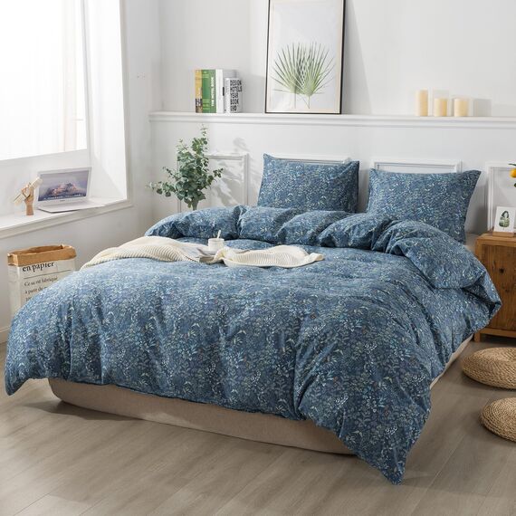 HoneiLife Baumwoll-Bettbezug-Set – 100% Baumwolle, Kräuter Muster, Bettdeckenbezug-Set, weich und atmungsaktiv, Bettwäsche-Set mit Reißverschluss und Eckbändern, Blauschwarz, King-Size-Bett