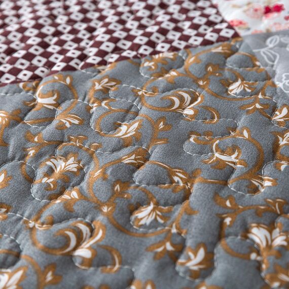 HoneiLife Steppdecken-Set in King-Size, 3-teilig, Mikrofaser, wendbar, Patchwork-Bezüge, Blumen-Bettwäsche-Set, Ganzjahresdecke, grau, mit Rosen